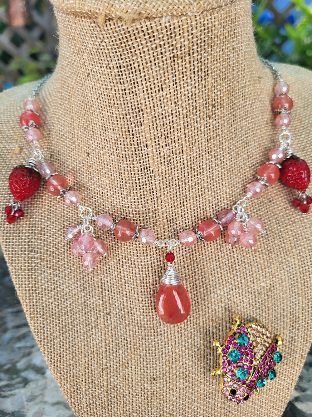 Handmade Pink and Red Charm Statement Necklace with Teardrop Pendant /Strawberry